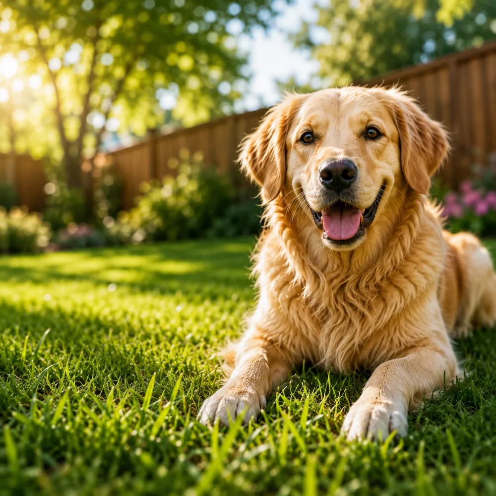 A happy golden retriever resting on a lush, healthy green lawn in a sunny backyard