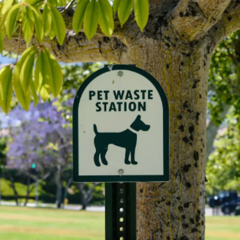 Pet waste station in park setting with clear signage and easy access