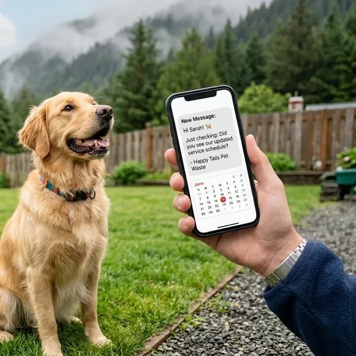 A golden retriever sits in a green Juneau backyard while an owner checks a service schedule text message on their phone